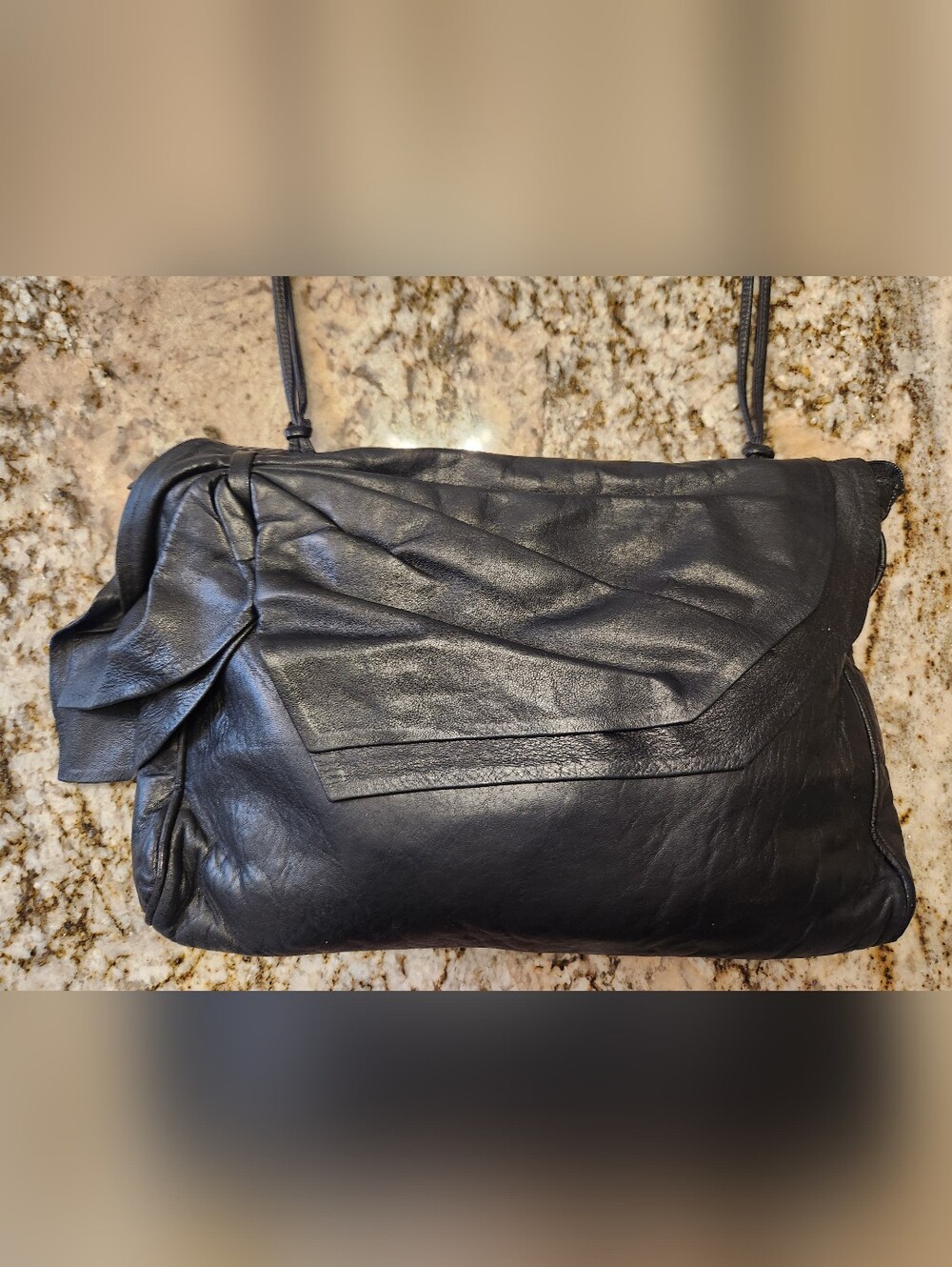 Juliette Vintage Black Leather Handbag, Made In USA, Shoulder Bag, Draped Design